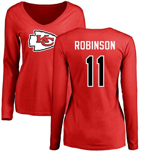 Women Football Kansas City Chiefs #11 Robinson Demarcus Red Name and Number Logo Slim Fit Long Sleeve T-Shirt->nfl t-shirts->Sports Accessory